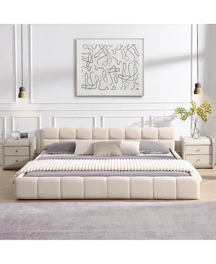 Элегантная кровать Streamdale Furniture с обивкой из бежевого шенилла в шахматном порядке, Королевская, Бежевый
