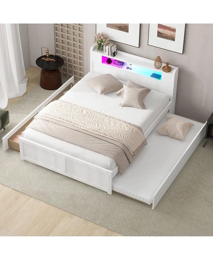 Кровать-платформа Streamdale Furniture из дерева Queen-Size- светодиодная, с 2 выдвижными ящиками и ящиком-каталкой. белый