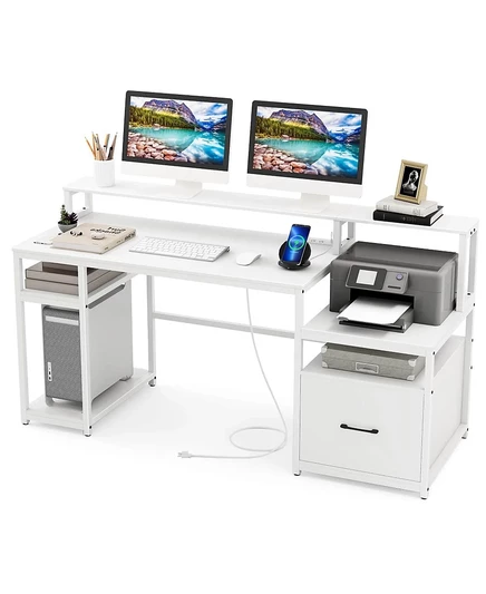 Компьютерная рабочая станция Costway 66" с подставкой для монитора Подставкой для процессора Полкой для принтера и ящиком для файлов белого цвета