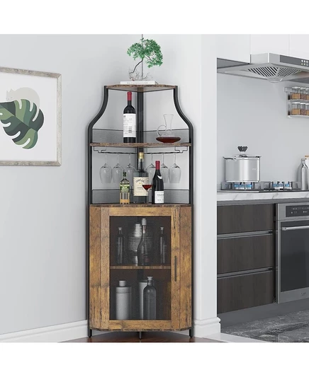 Угловой шкафчик для винного бара Gaomon Brown Wooden Farmhouse Wine Bar со съемной полкой, сетчатой дверцей, стеклянной полкой и местом для хранения коричневого цвета