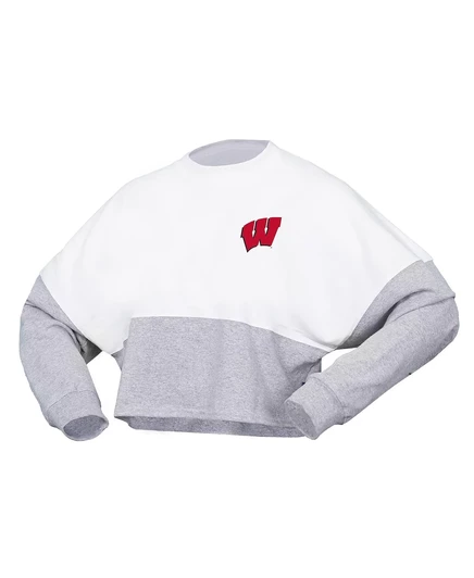 Женская футболка Spirit Jersey White Wisconsin Badgers Heather Block из укороченного джерси с длинным рукавом white