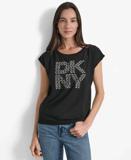 Женская футболка DKNY с люверсами и логотипом, черная