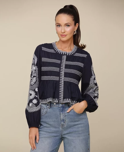  Женский вышитый хлопчатобумажный жакет с баской navy/cream