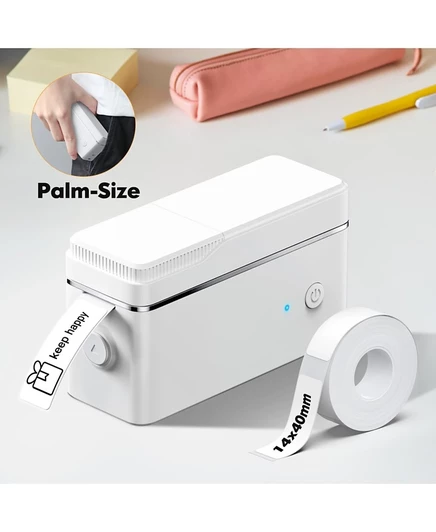 Портативная этикетировочная машина P31-S с функцией Bluetooth и клейкой лентой. Имеет множество шаблонов для дома, офиса и организации хранения. Белый