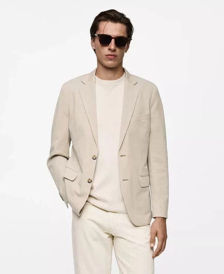 Мужской структурированный приталенный хлопковый блейзер Mango  beige