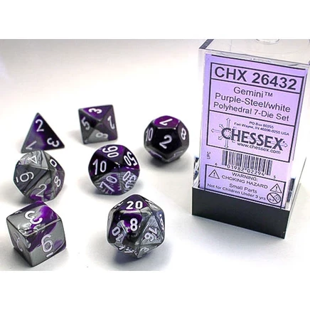 Набор кубиков Chessex Gemini фиолетово-стальной/белые (7 шт.)
