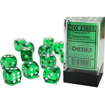 Набор d6 Chessex 16 мм, прозрачные зелёные с белыми цифрами, 12 шт