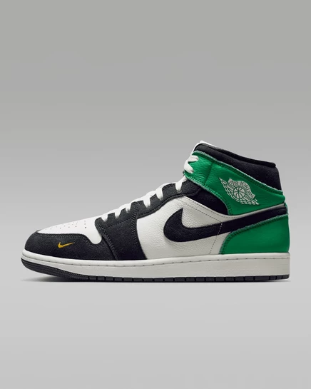 Кроссовки Jordan AJ1 Mid SE, бело-зелено-золото-черные