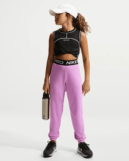 Джоггеры для девочек Nike Pro Fleece Dri‑FIT, светло-малиновые/черно-белые