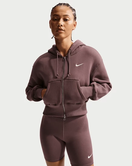 Женское укороченное худи Nike Phoenix Fleece на молнии, тёмно-коричневая/слоновая кость