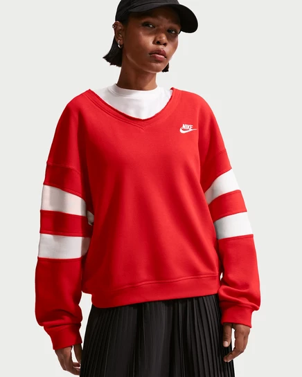 Женский свитшот Nike Club Fleece оверсайз V-образный, красный/молочный