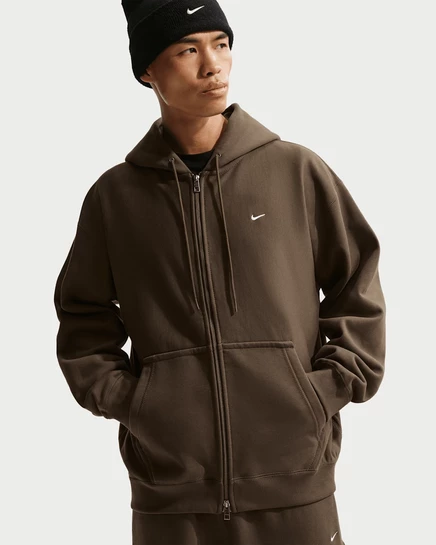 Мужское флисовое худи на молнии Nike Solo Swoosh, тёмно-коричневое с белым