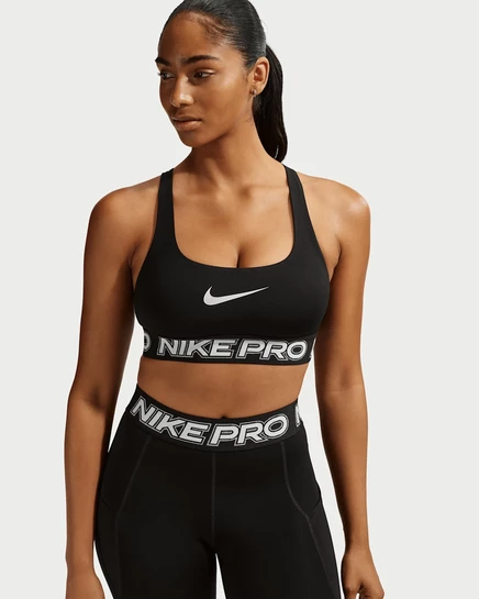 Женский топ Nike Pro, легкая поддержка, черный/белый/серебристый