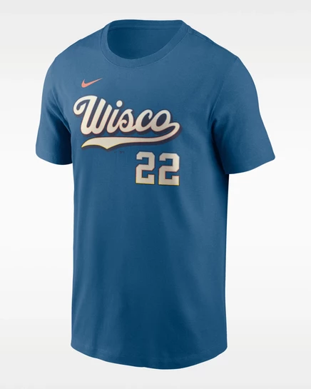 Мужская футболка Nike Christian Yelich Milwaukee Brewers City Connect, минерально-голубая
