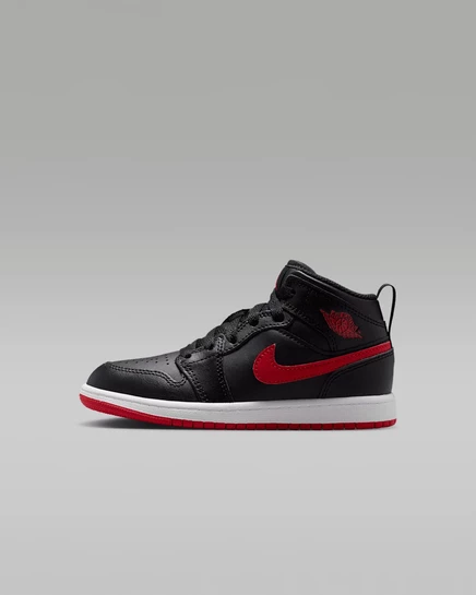 Jordan 1 Mid Little Kids' Shoes black/white/university red