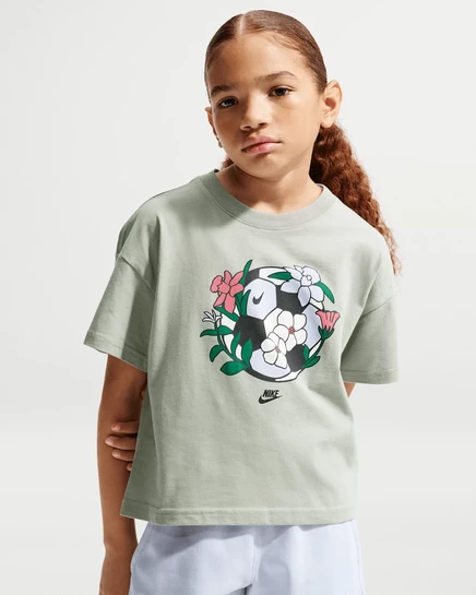 Детская футболка для девочек nike sportswear essentials boxy, серо‑зеленая