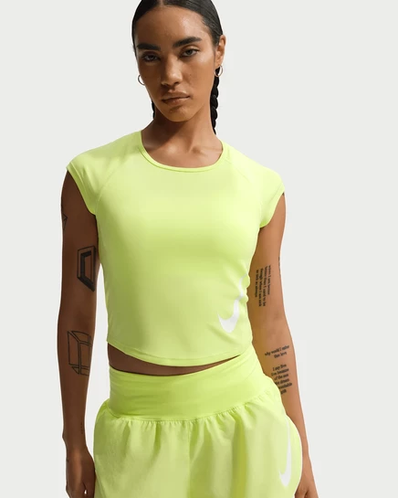 Женский топ Nike Tempo Swoosh Dri-FIT с кап-рукавом, светло-лимонный/серый/белый