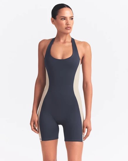 Женское боди NikeSKIMS Matte Shine T-back, тёмно-синий/песочный