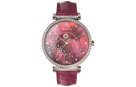 Женские часы Swarovski с фазами луны, красный ремешок