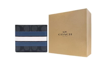 Мужской кошелек Coach 3 в 1, черный, бело-синие полосы