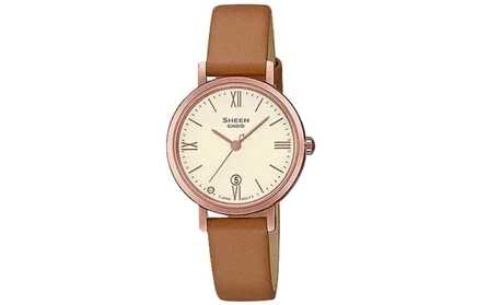 Женские часы Casio SHEEN, белые, коричневый ремешок
