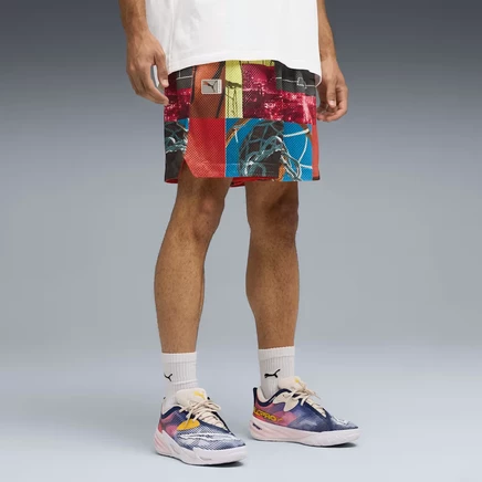 Мужские баскетбольные шорты PUMA HOOPS Hooptopia 7″, черные с цветным принтом