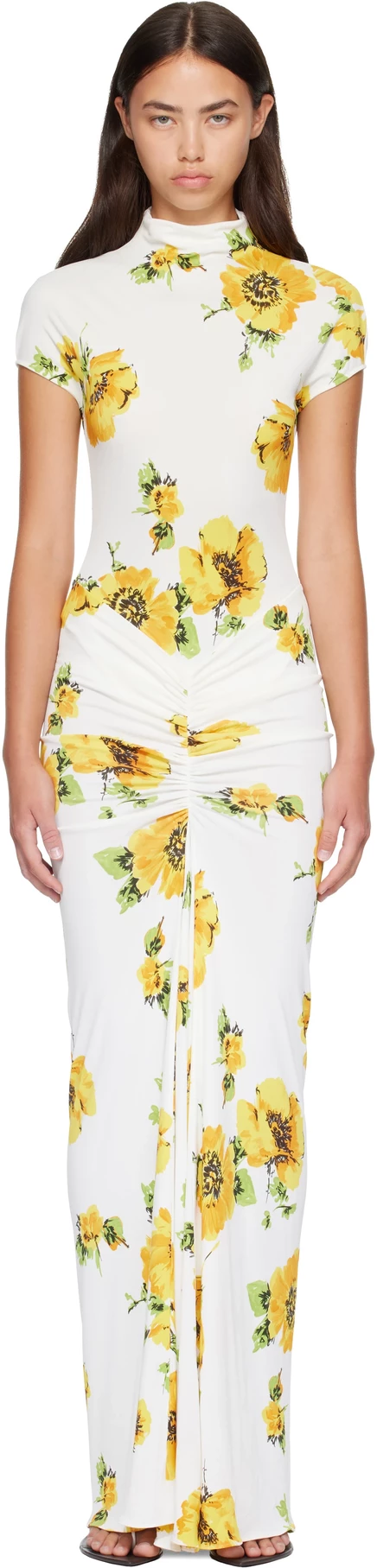 Женское макси-платье ALAÏA Draped Printed, бело-желтое