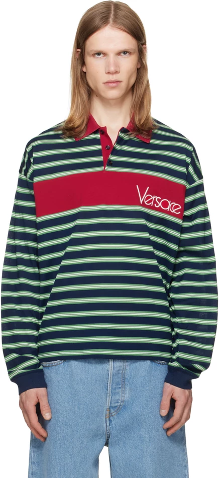 Мужское поло Versace в полоску, темно-синее/зеленое