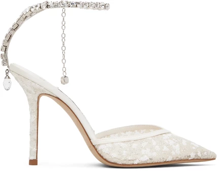 Женские туфли Jimmy Choo Saeda 100, серебристо-белые с кристаллами