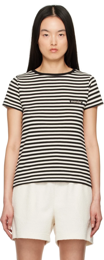 Футболка в полоску Moncler Off-White & Black с принтом белый/черный
