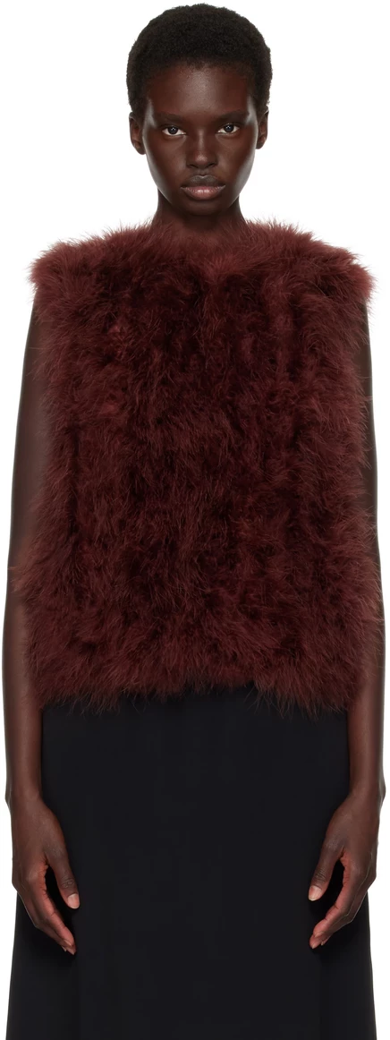 Yves Salomon Brown Cropped Feather Gilet Vest sequoia