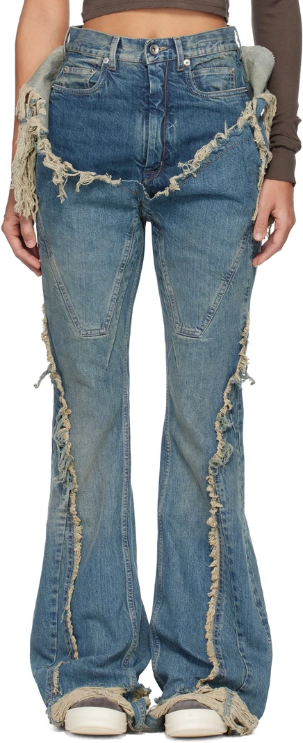 Джинсы Rick Owens DRKSHDW Blue Temple с разрезами на ботинках цвета индиго, выстиранные