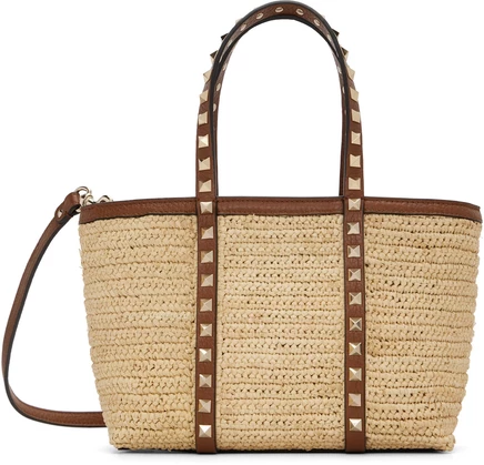 Valentino Garavani Beige Mini Rockstud Raffia Shopping Bag natural/saddle brown
