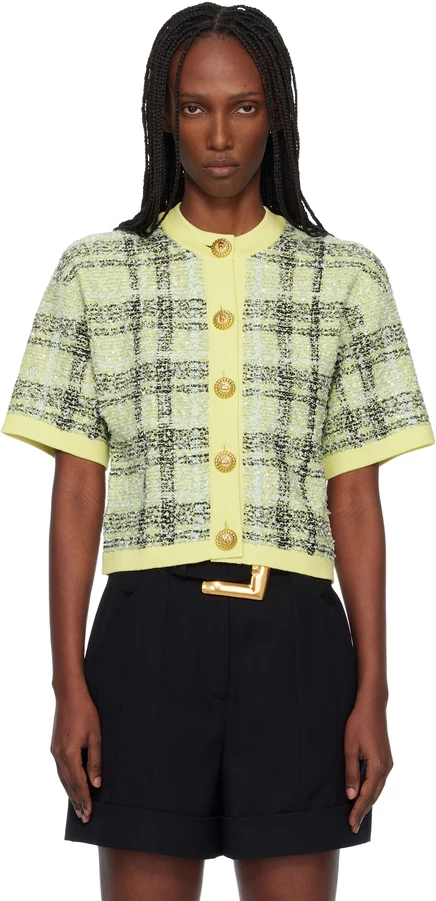 Блестящий кардиган из светлого твида BALMAIN желтого цвета на пуговицах jaune pale/vert