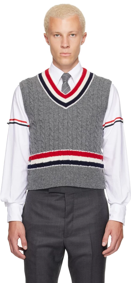 Мужской жилет Thom Browne Cable V-Neck, серый