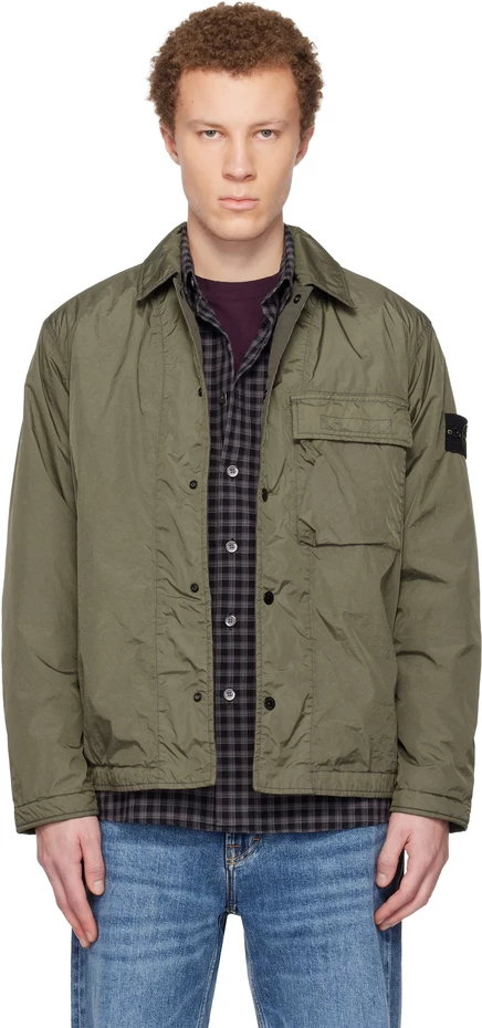 Верхняя рубашка Stone Island цвета хаки 1200002 Crinkle Reps NY темно-зеленого цвета в стиле милитари