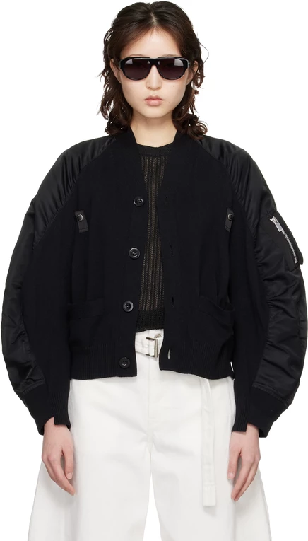 черный кардиган из нейлоновой саржи и трикотажа sacai черный