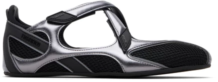 Женские балетки THE ATTICO Black & Silver Floor 01, кожа и сетка, черные