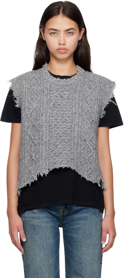 Gray Wool Boyfriend Cable Sweater Vest heather grey tweed