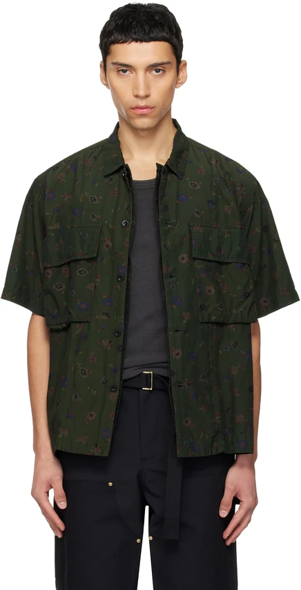 Мужская рубашка Sacai Khaki Overdyed с флоральным принтом, зелёная