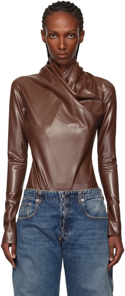Женское латексное боди Mugler с драпировкой, шоколадное