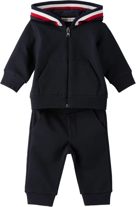 Хлопковый спортивный костюм Moncler Enfant Baby с трехцветной отделкой темно-синего цвета