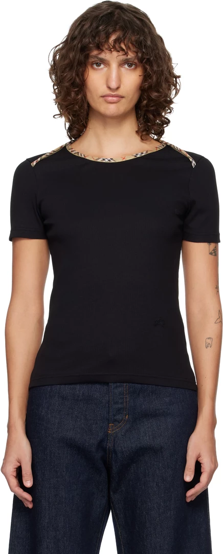Burberry Black Check Trim Stretch Cotton T-shirt black