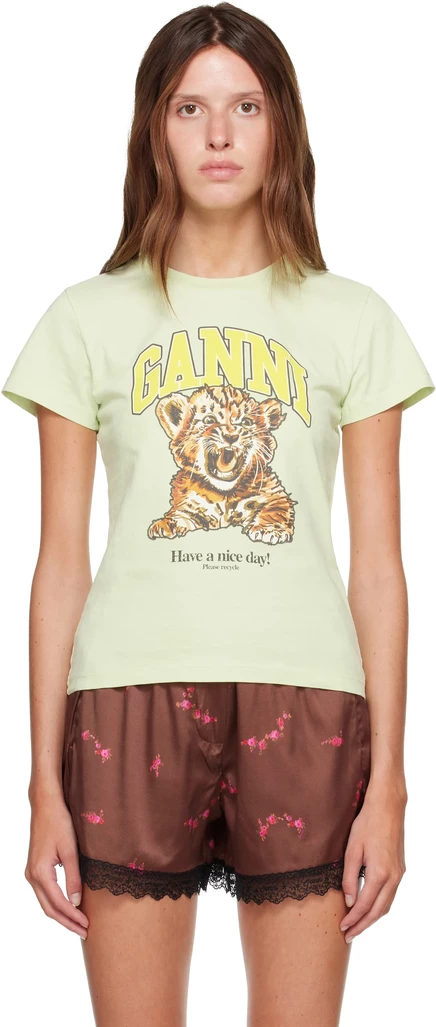 Женская футболка Ganni Baby Fit Tiger, зеленая