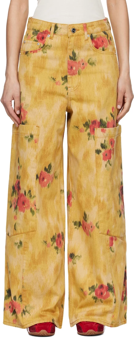 GANNI Yellow Printed Baggy Cargo Jeans vibrant yellow