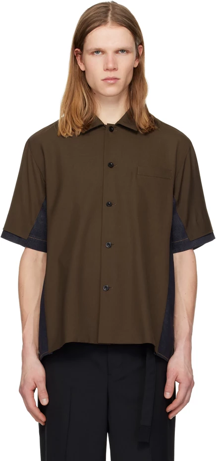 Мужская рубашка Sacai, шерсть и деним, коричнево-индиго