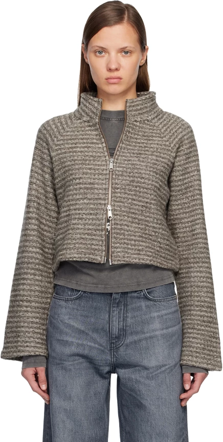 Gray Cropped Leisure Zip Up Jacket shredded brown stripe