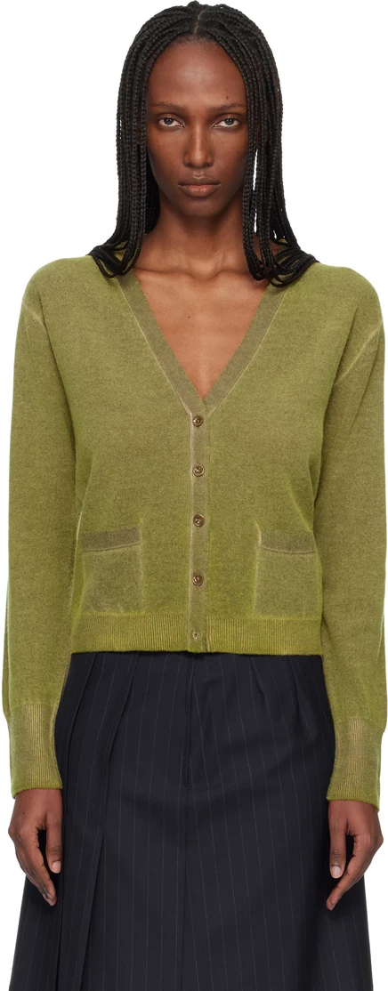 Кардиган из натуральной шерсти Maison Margiela Green с V-образным вырезом зеленый с блеском/коричневый
