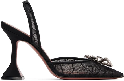 Женские туфли Amina Muaddi Rosie Lace Sling 95, черное кружево и атлас