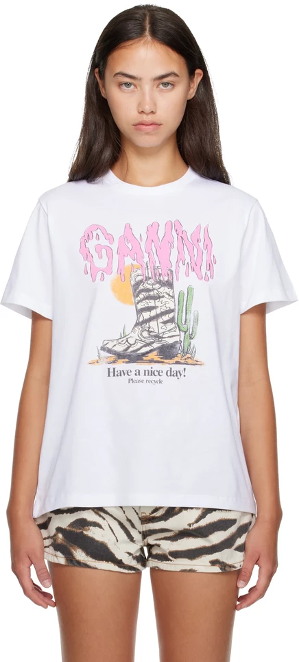 Женская футболка Ganni Western Zebra Boot, белая